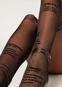 Women Calzedonia 30 Denier Sheer Tights With Flocked “Girl Power” Wording