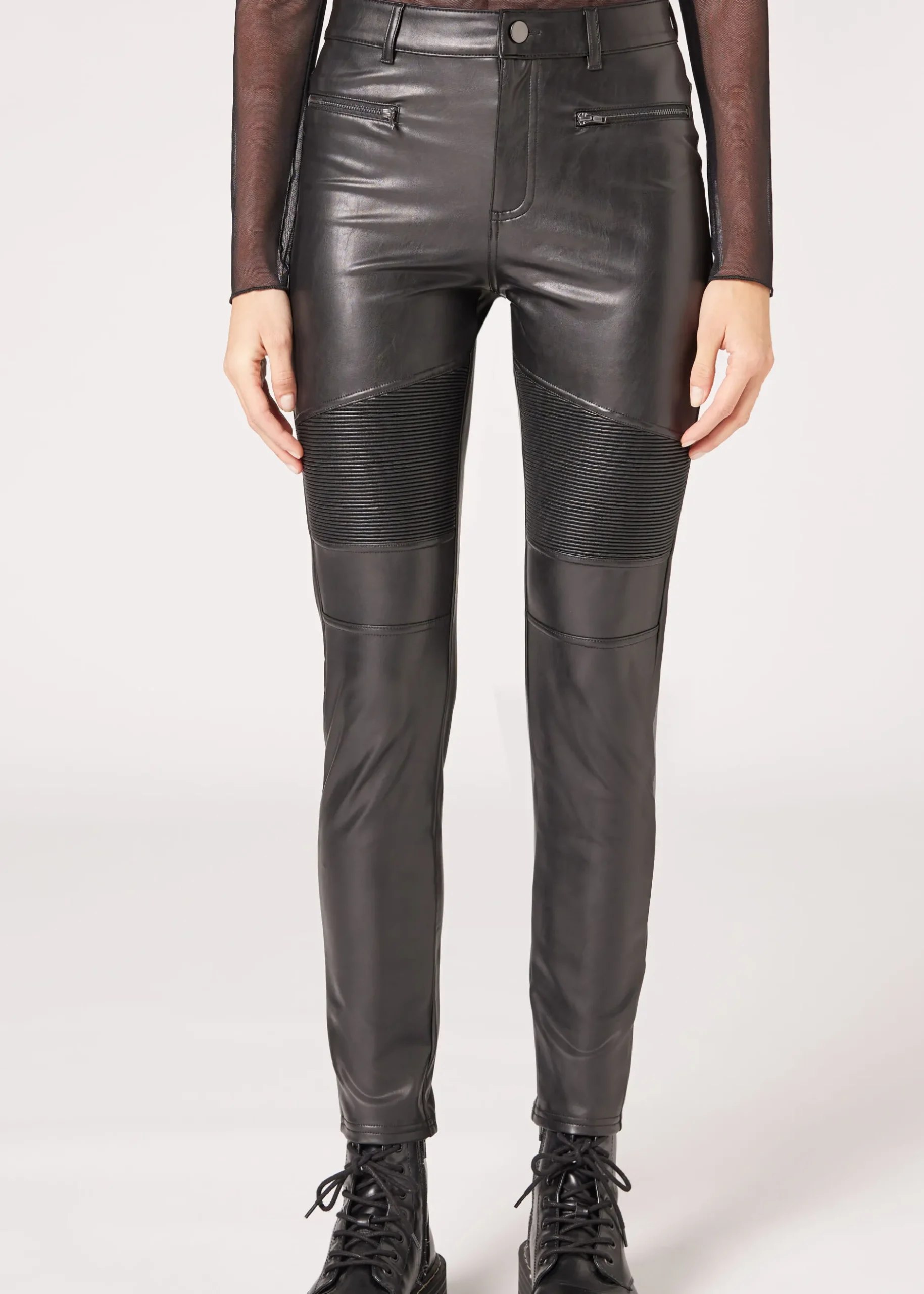 Women Calzedonia Coated-Effect Thermal Skinny Biker Leggings
