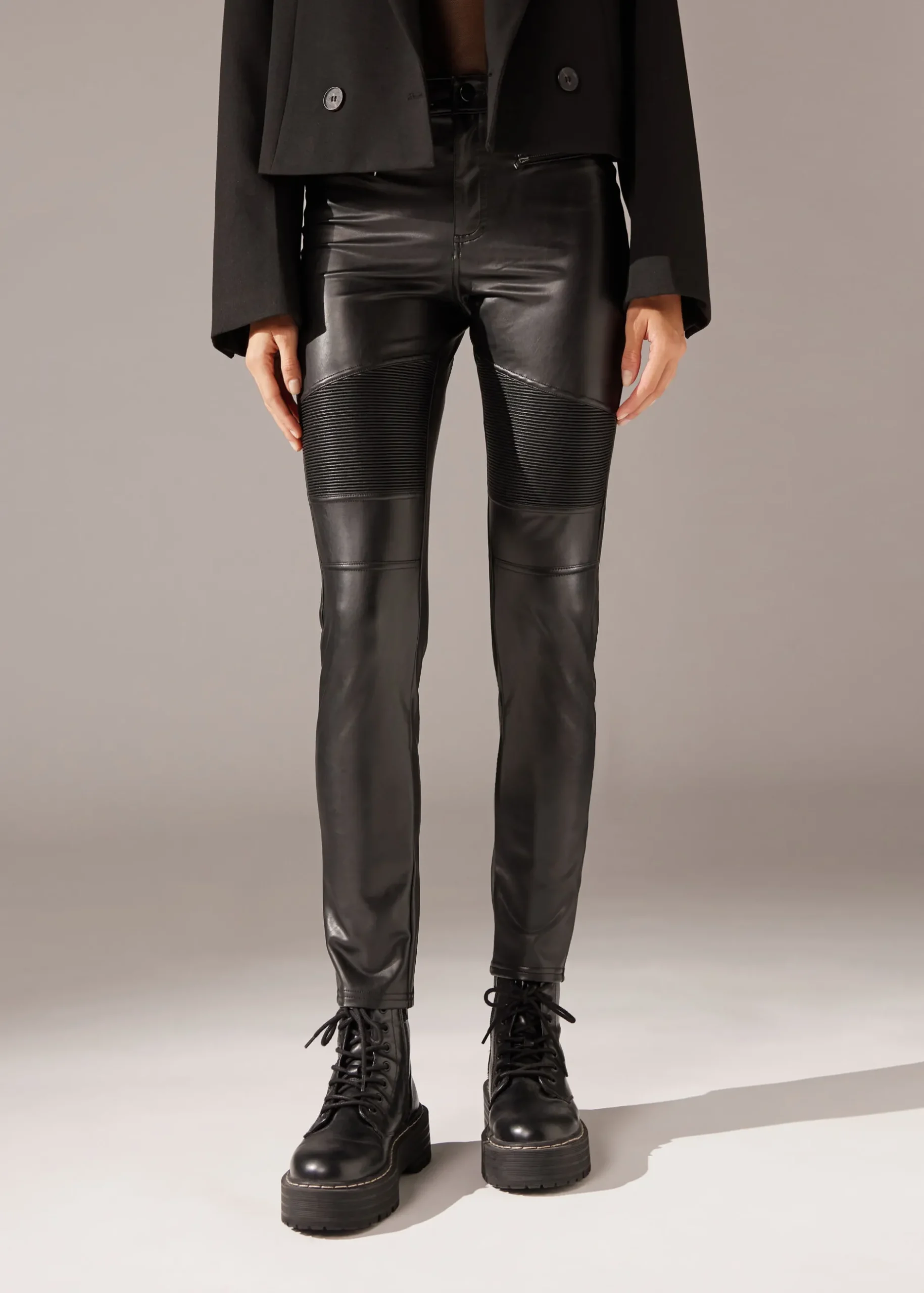 Women Calzedonia Coated-Effect Thermal Skinny Biker Leggings